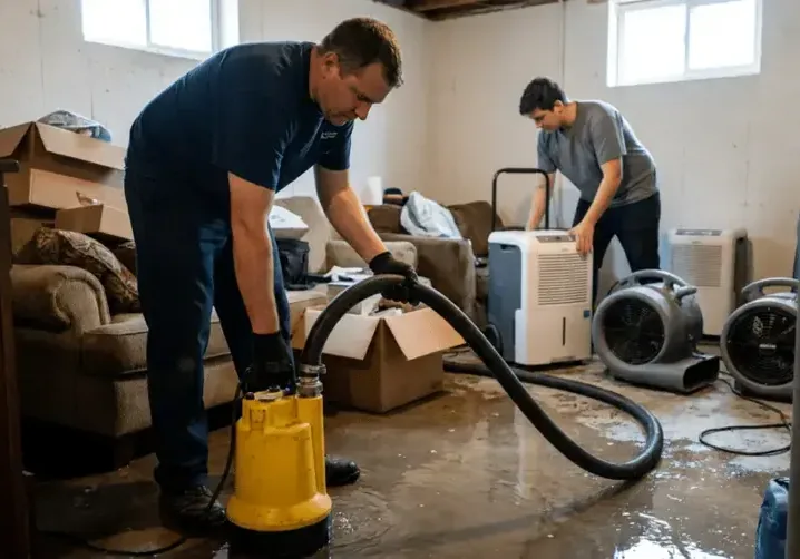 A crew extracting water from a room while dehumidifiers keep running