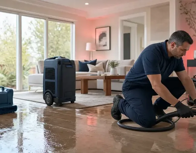 A restoration technician extracting water from a living room floor while an air mover and a dehumidifier run nearby