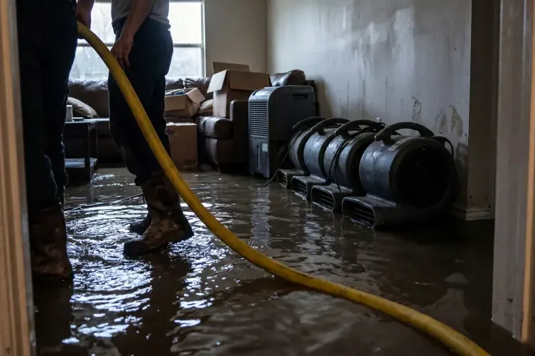 Cleanup underway in a home after storm and flash flood water got inside