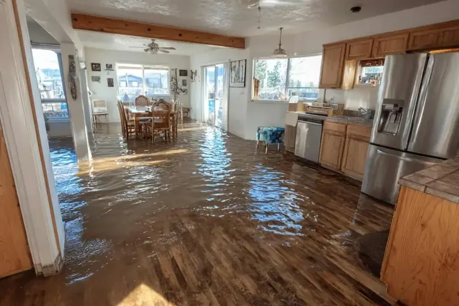 Storm and flood water spread across the floor inside a home