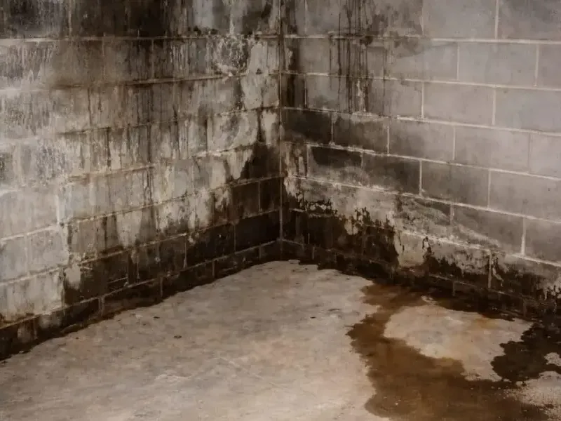 Seepage spreading across a basement floor from a wet concrete block wall