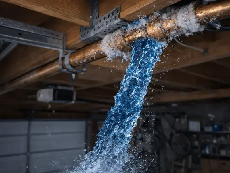 Water pouring from a burst pipe in a garage ceiling