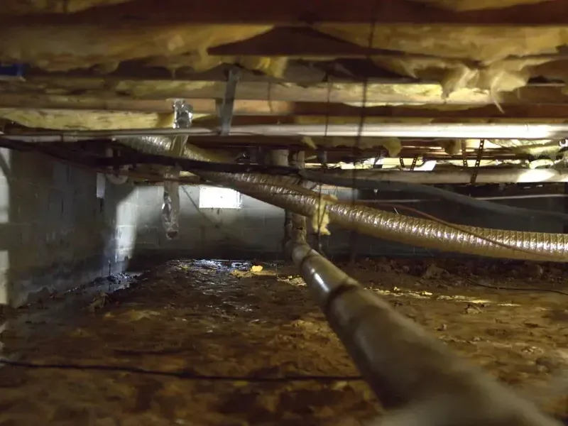 Supply pipes running through a dark crawl space beneath a house