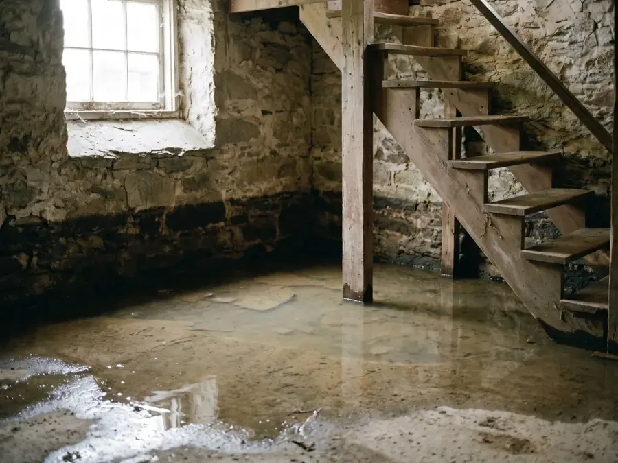 Standing water covering an older basement floor below a set of wooden stairs