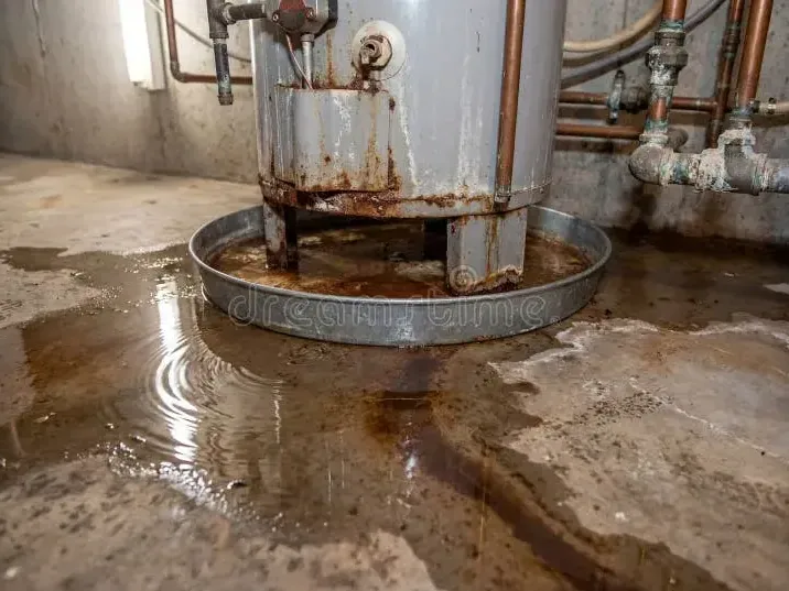 A rusted water heater leaking water across a basement floor